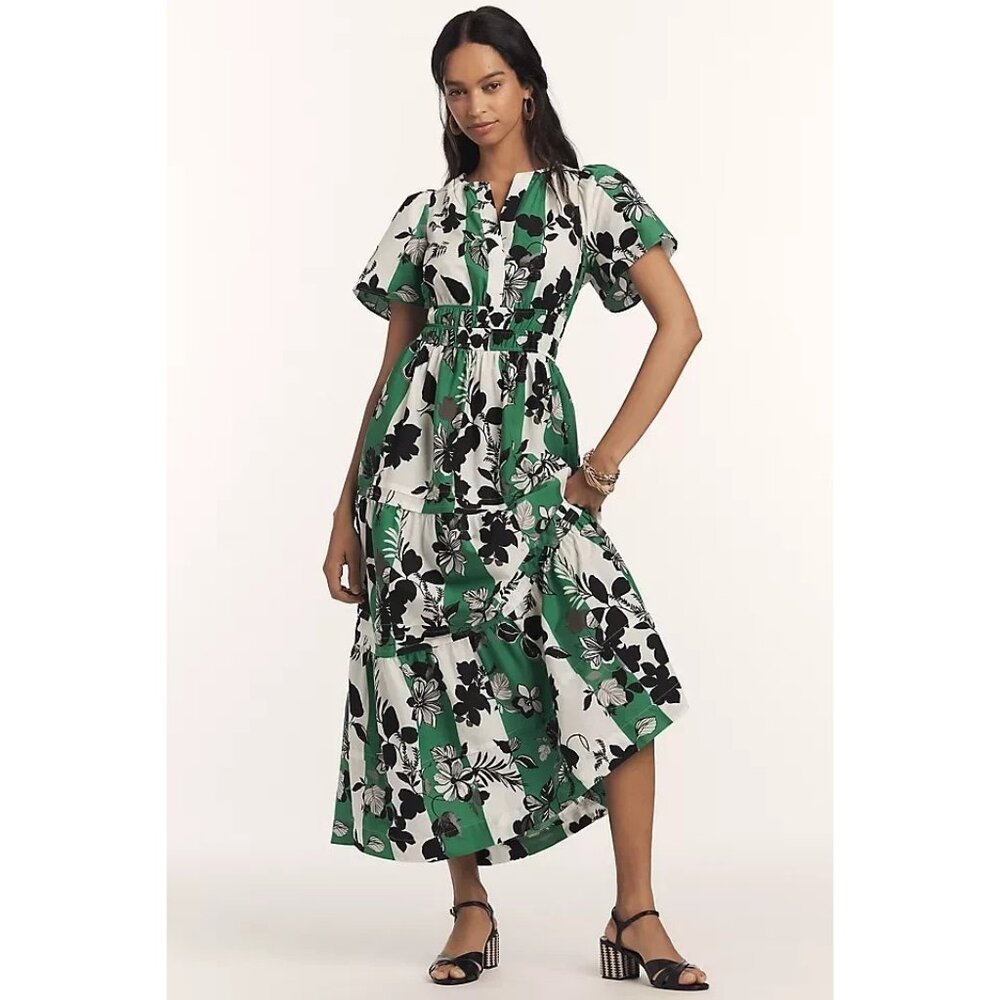 NWT Anthropologie Somerset Maxi in Chartreuse Floral Stripe Cotton Dress 1X